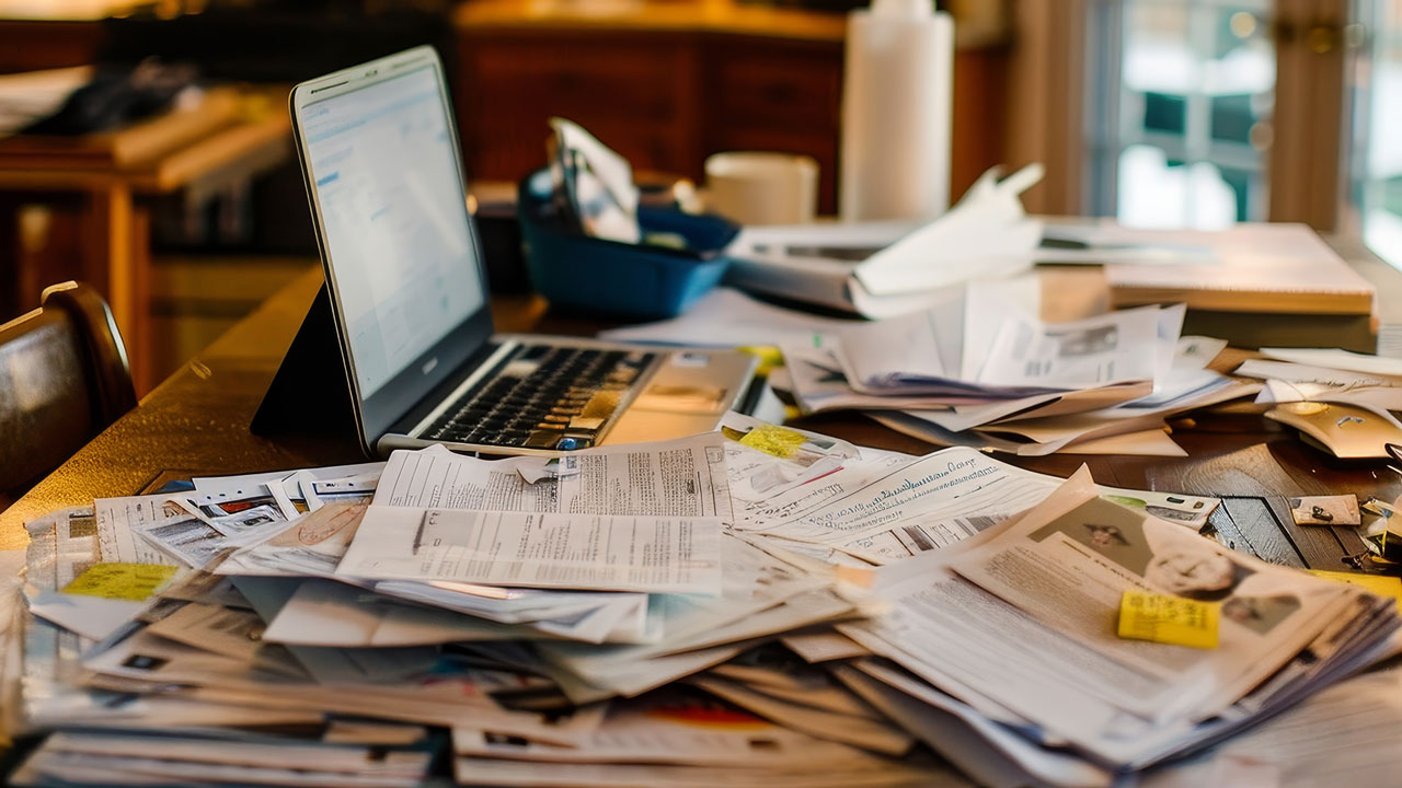 messy kitchen tablet with laptop and documents