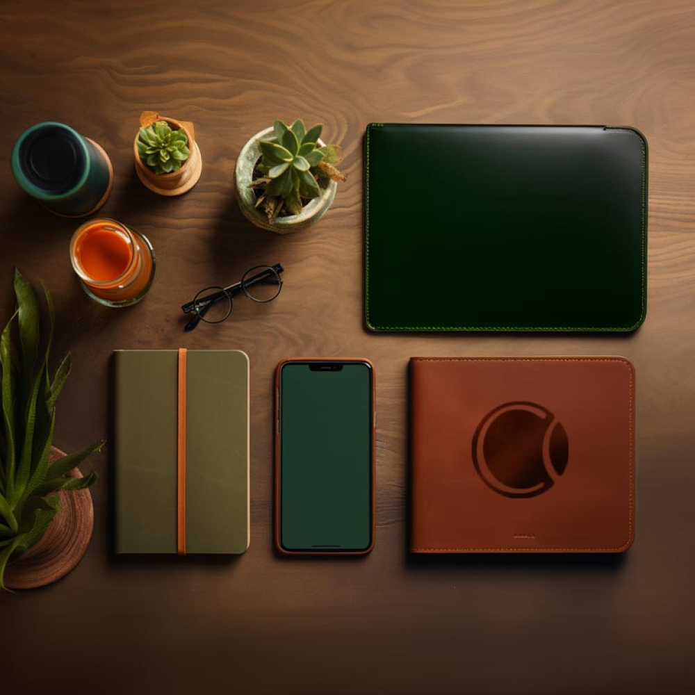 A collection of items including a wallet, smartphone, and notebook